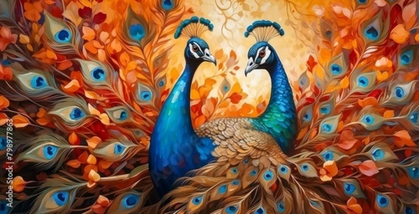 Fototapeta Painting of a Regal Peacocks Proudly Displaying its Iridescent Plumage, Standing Amid the Splash Color Dynamic Background.