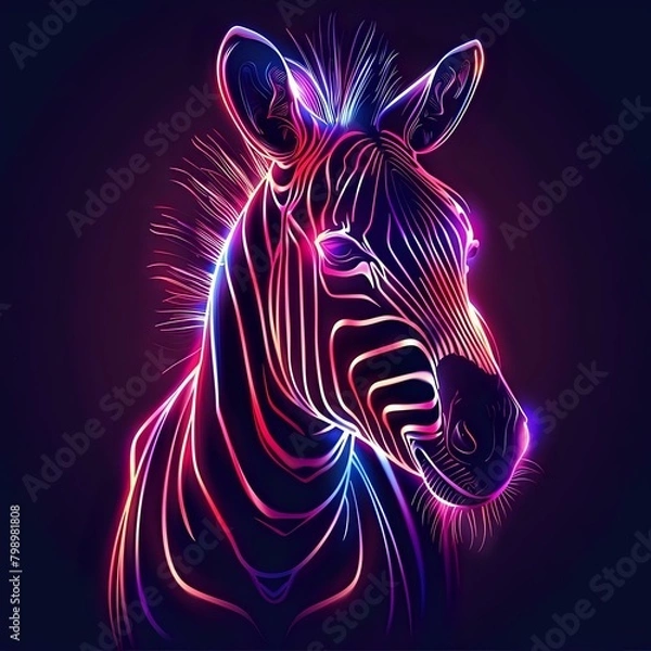 Fototapeta Cute Zebra animal in neon style. Portrait of glow light animal