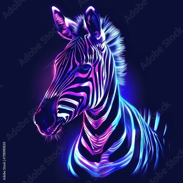 Obraz Cute Zebra animal in neon style. Portrait of glow light animal