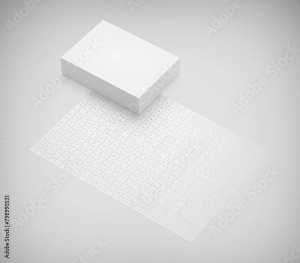 Fototapeta White Box, Blank Puzzle game Mockup with Box, Clear Jigsaw pieces, big board tempelate, puzzle packaging 3D Rendered Isolated on a light background
