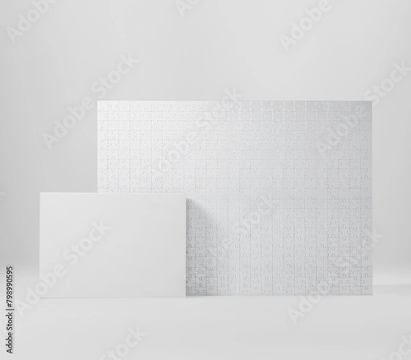 Fototapeta White Box, Blank Puzzle game Mockup with Box, Clear Jigsaw pieces, big board tempelate, puzzle packaging 3D Rendered Isolated on a light background