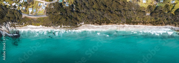 Fototapeta Drone Birdseye view of Adventure Bay, Tasmania, Australia. Blue water with shadows during sunset. Beautiful beach and travel concept.