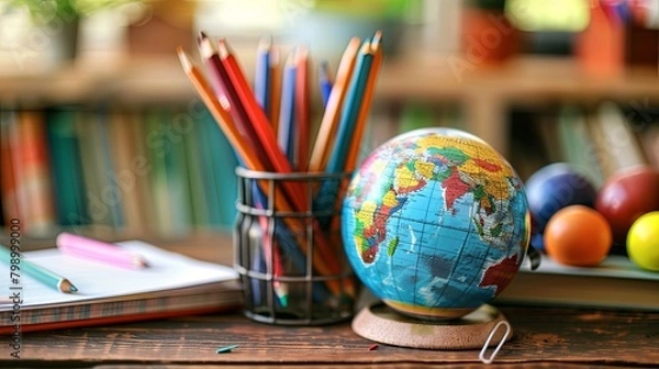 Fototapeta Desk with School Supplies Featuring Globe Symbol of Global Education