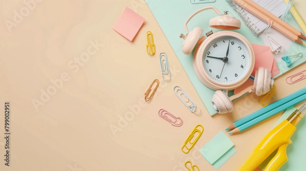 Fototapeta Flat Lay of Pastel Stationery and Alarm Clock on Cream Background