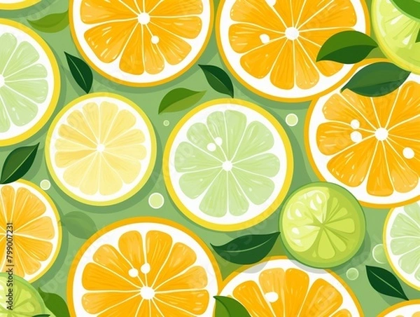 Fototapeta Fresh citrus crosssections, endless design, simple flat illustration, solid bg ,  repeating pattern