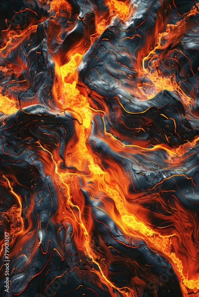 Obraz Textured surface of molten lava, featuring glowing orange hues and flowing streams. Molten lava textures offer a dramatic and intense backdrop