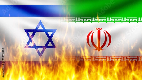 Obraz Flags of Israel and Iran are on fire. Burning national symbols. Fire as metaphor for conflict. Israel versus Iran. Confrontation between two states. Conflict between Iran and Israel. 3d image
