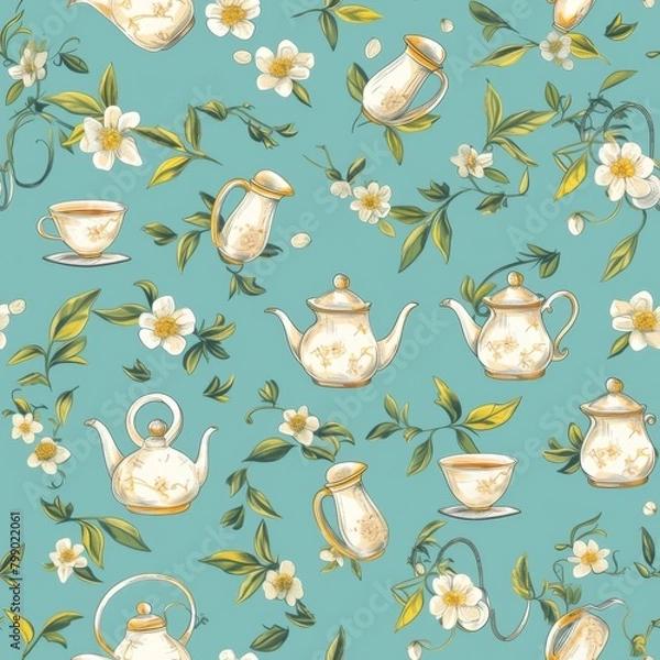 Obraz An assortment of traditional teapots displaying diverse patterns and colors, set against a soft pastel-hued background with a hint of nostalgia and elegance. Seamless pattern wallpaper background.