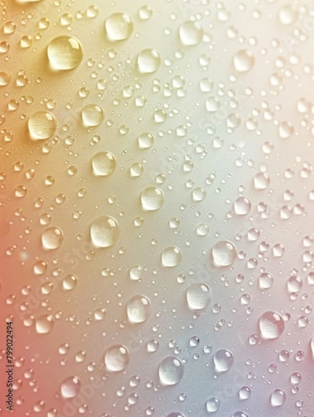 Fototapeta Raindrops on a window with a blurred pastel background.