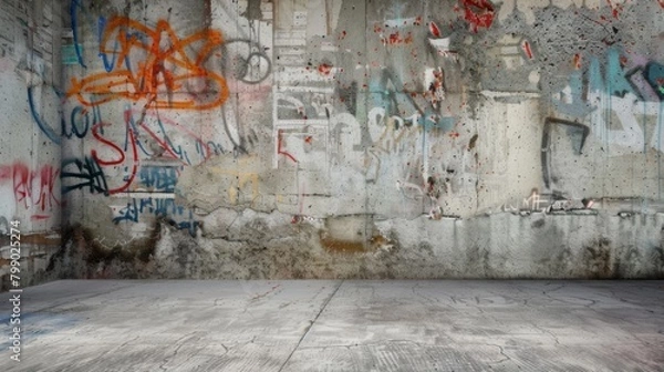 Fototapeta A gritty urban scene with a textured concrete wall adorned with vibrant graffiti, standing behind a weathered concrete podium, invoking a raw, street art atmosphere.