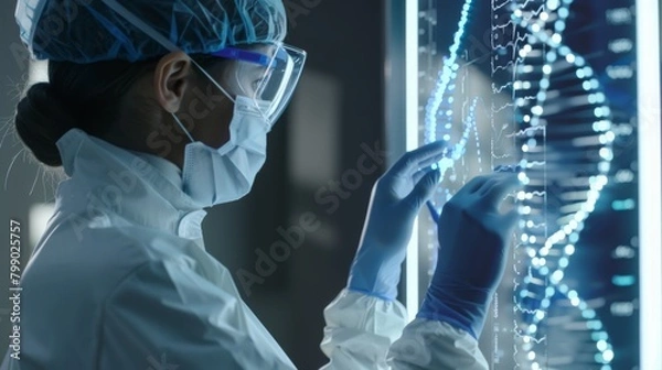 Fototapeta A medical professional in sterile gear interacts with a holographic DNA structure, indicating advanced genomic analysis in a high-tech lab setting.