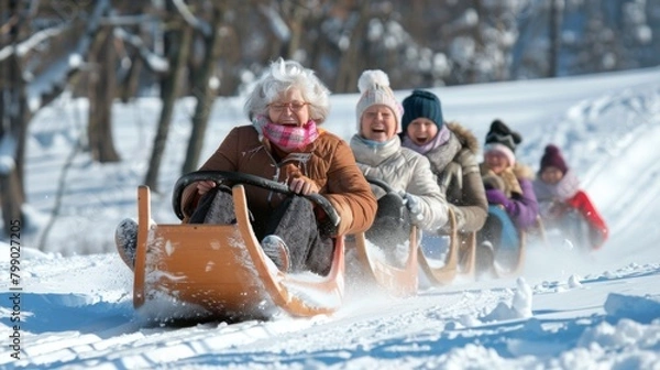 Obraz Laughter echoes through the air as a group of spirited seniors enjoy a high-speed sled ride down a snowy hill, embracing winter's joy and youthfulness.
