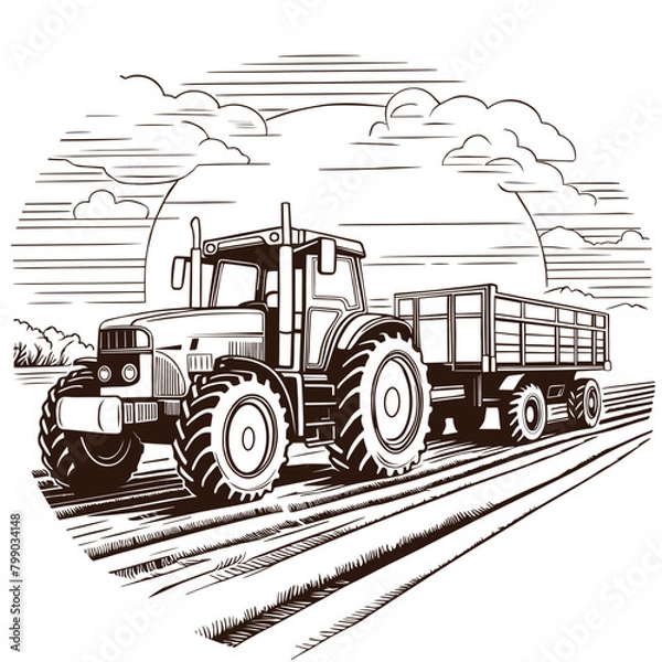 Fototapeta Farm Tractor with trailer vector illustration. Farm logo design on white background