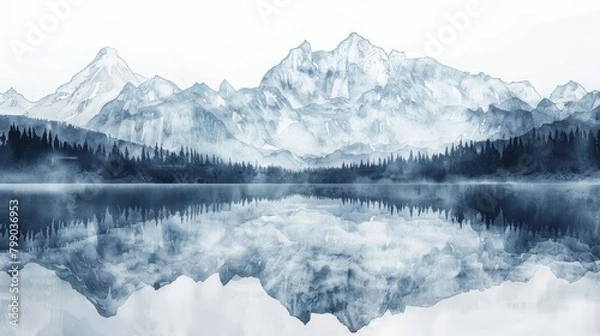 Fototapeta A majestic mountain range rises above a misty lake, drawn with sharp contrasts and detailed textures, handsketched draw concept