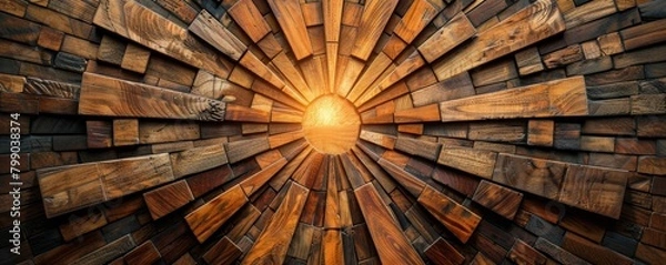 Fototapeta A sunburst pattern created from wooden blocks, each ray a different length and labeled with improvement strategies, centering on a core goal, space at the bottom for text