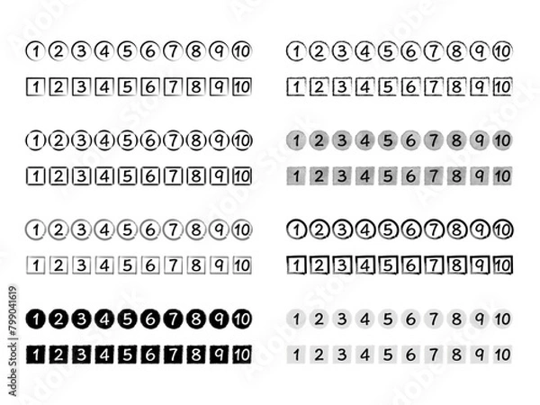 Fototapeta シンプルなモノトーンの丸数字・四角数字セット