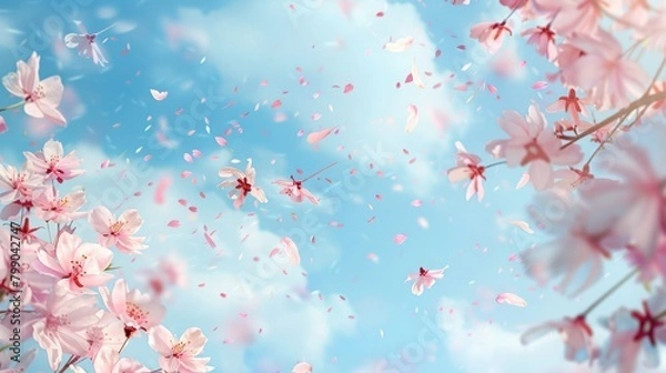 Fototapeta Cherry blossom sakura tree branches with flying flower petals, spring blurred background in Japanese drawing style
