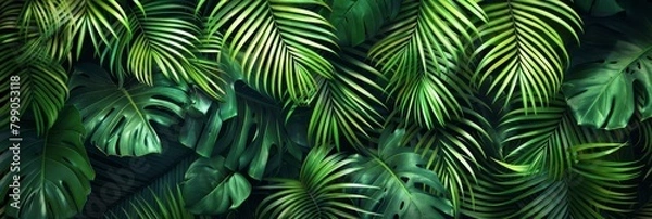 Fototapeta Palm Leaf Pattern, Lush Jungle Background, Exotic Tropic Foliage, Palm Leaves Silk Embroidery