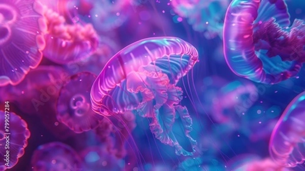 Fototapeta Purple jellyfishes floating in the water with bubbles