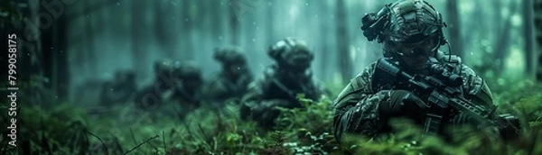 Fototapeta Night vision view of a special forces team quietly advancing through a dense forest during a covert mission