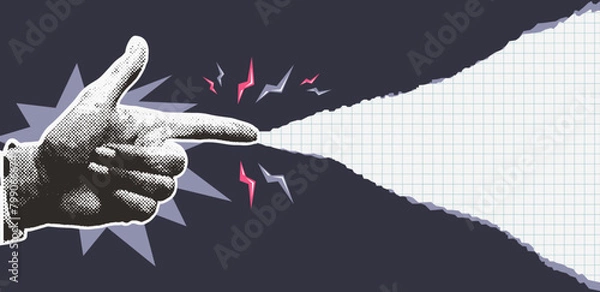 Obraz Retro collage background with halftone human hand pointing to ripped notebook paper. Trendy vintage vector design concept. Modern retro dots illustration. 