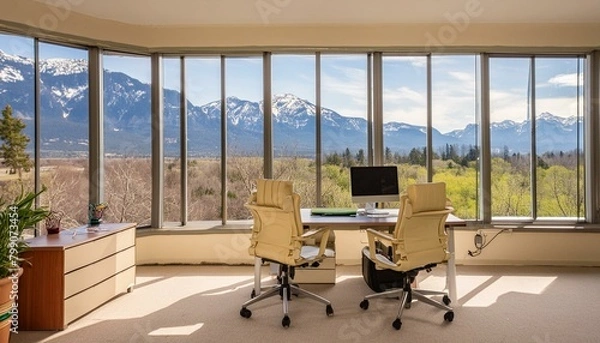Fototapeta Tranquil Workspace: Cream-Colored Furniture with a View of Spring Mountains"