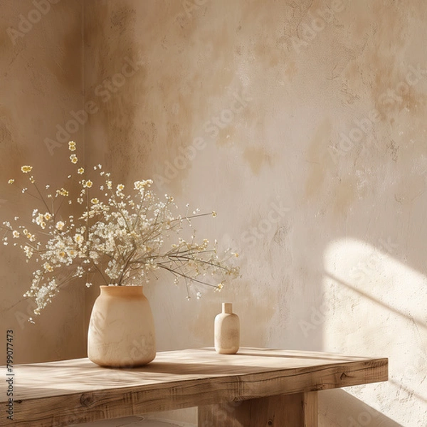 Fototapeta Sunny Tabletop with Delicate Baby's Breath. A sunlit wooden table displaying a vase with baby's breath in a textured, natural-toned room creating a tranquil atmosphere.