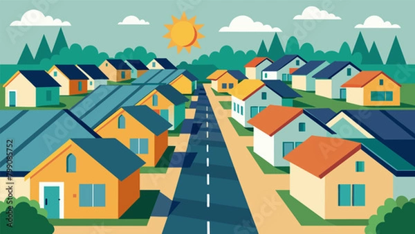 Fototapeta A suburban neighborhood with each house equipped with solar panel shingles blending seamlessly into the rooftops.