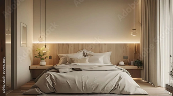Fototapeta minimalist bedroom with linen bedding featuring a white bed adorned with white pillows, a white vas
