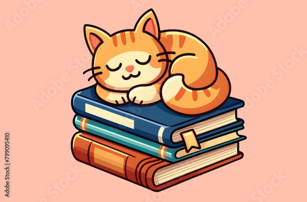 Fototapeta Content Orange Tabby Cat Napping on a Pile of Colorful Books