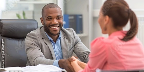 Fototapeta Businessman, office interview, handshake for hiring, partnership or agreement. Happy employer shaking hands with employee or new recruit for meeting, greeting or deal at desk