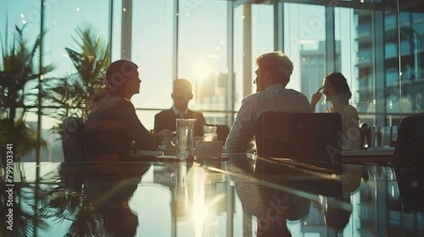 Fototapeta business executives engage in a strategic discussion in a modern office environment, illuminated by the warm glow of sunset