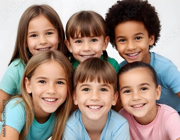 Fototapeta Group of smiling children looking at camera over white background. Top view.