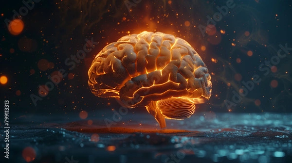 Fototapeta a human brain, side view, highlighted areas indicating cognitive functions, set against a dark background with spotlights, Generative AI