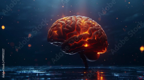 Obraz a human brain, side view, highlighted areas indicating cognitive functions, set against a dark background with spotlights, Generative AI