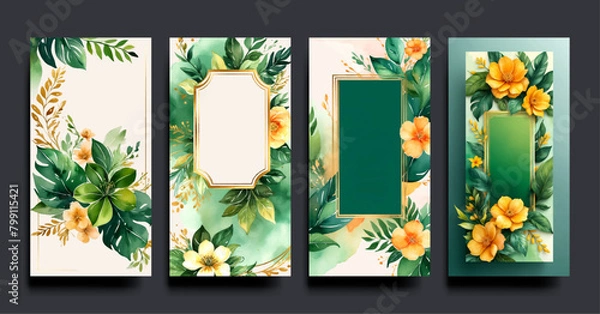 Fototapeta Luxury wedding invitation card background with golden line art flower and botanical leaves, Organic shapes, Watercolor. Abstract art background vector design for wedding and VIP cover template.