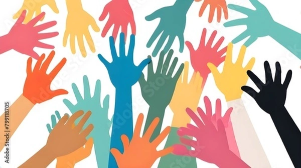 Fototapeta Illustration of a group of colorful hands reaching upwards. The hands are made of paper and come in various colors. Diversity and inclusion. White background. Generative AI