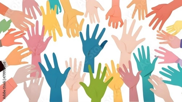 Fototapeta Illustration of a group of colorful hands reaching upwards. The hands are made of paper and come in various colors. Diversity and inclusion. White background. Generative AI