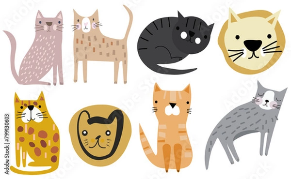 Obraz Various cute cats. Hand drawn vector set. Flat illustration. All elements are isolated