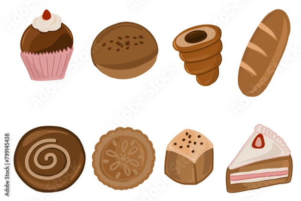 Fototapeta set of kinds of sweets, clipart of sweets with various flavors, pastry bread with fillings