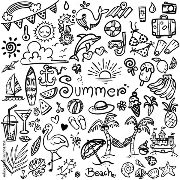 Obraz Hand Drawn Collection of Cute Summer Icons in Minimal Style