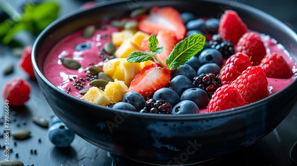 Fototapeta Close-up shot showcasing the vibrant textures and hues of a mixed berry smoothie bowl adorned with a variety of fresh fruits and nuts