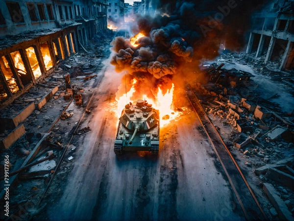 Fototapeta Panzer fährt durch eine zerstörte Stadt 