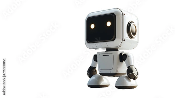 Fototapeta Little cute robot funny virtual assistant bot isolated on transparent background 3d icon