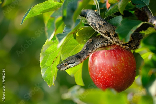 Obraz Snake in a apple tree next to a red apple representing original sin. Generative AI