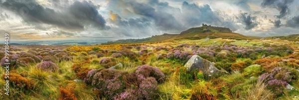 Obraz Moorland or Moor, Wuthering Heights, Heather Fields and Hills, Castle on Mountains, Copy Space
