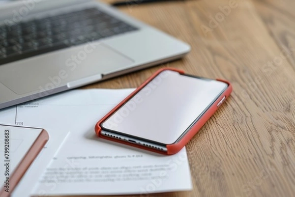 Fototapeta Modern Smartphone Mockup on a Productive Desk Workspace, Clean Design