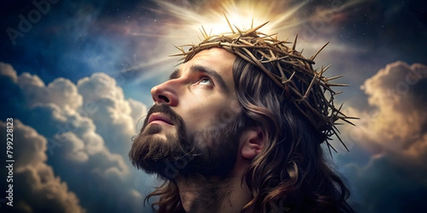 Obraz The face of Jesus Christ wearing a crown of thorns looks towards the sky. High quality photo