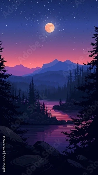 Fototapeta A beautiful landscape with a full moon rising over a mountain range