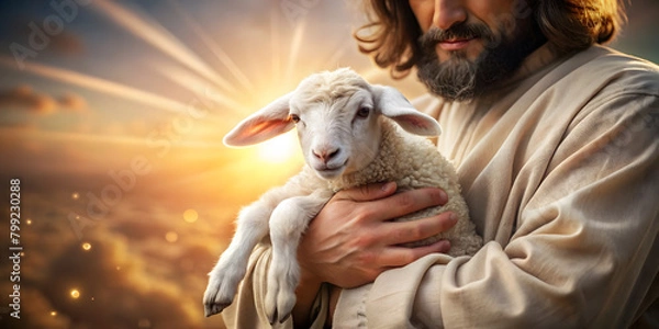 Obraz Jesus with a sheep, carrying it in his arms. Biblical story concept theme.background